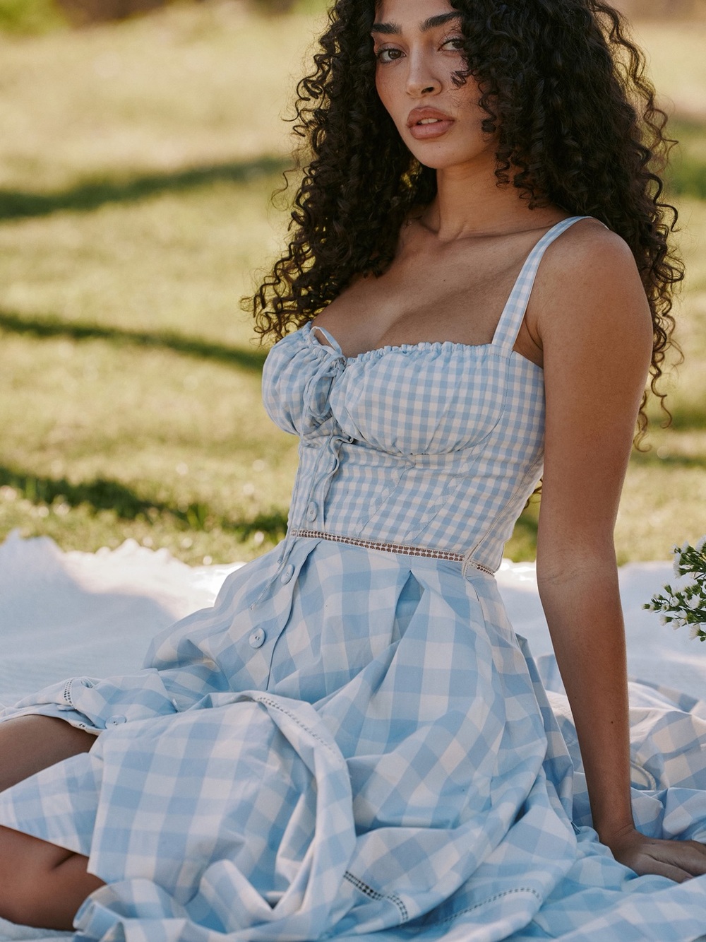 House of CB Light Blue and White Gingham Midi Dress - Picture 3 of 6